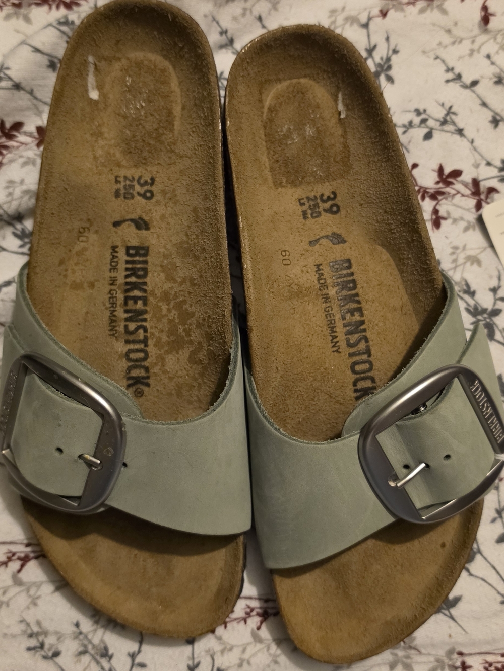 Birkenstock Single Strap Clogs in Light Green with Silver Buckles